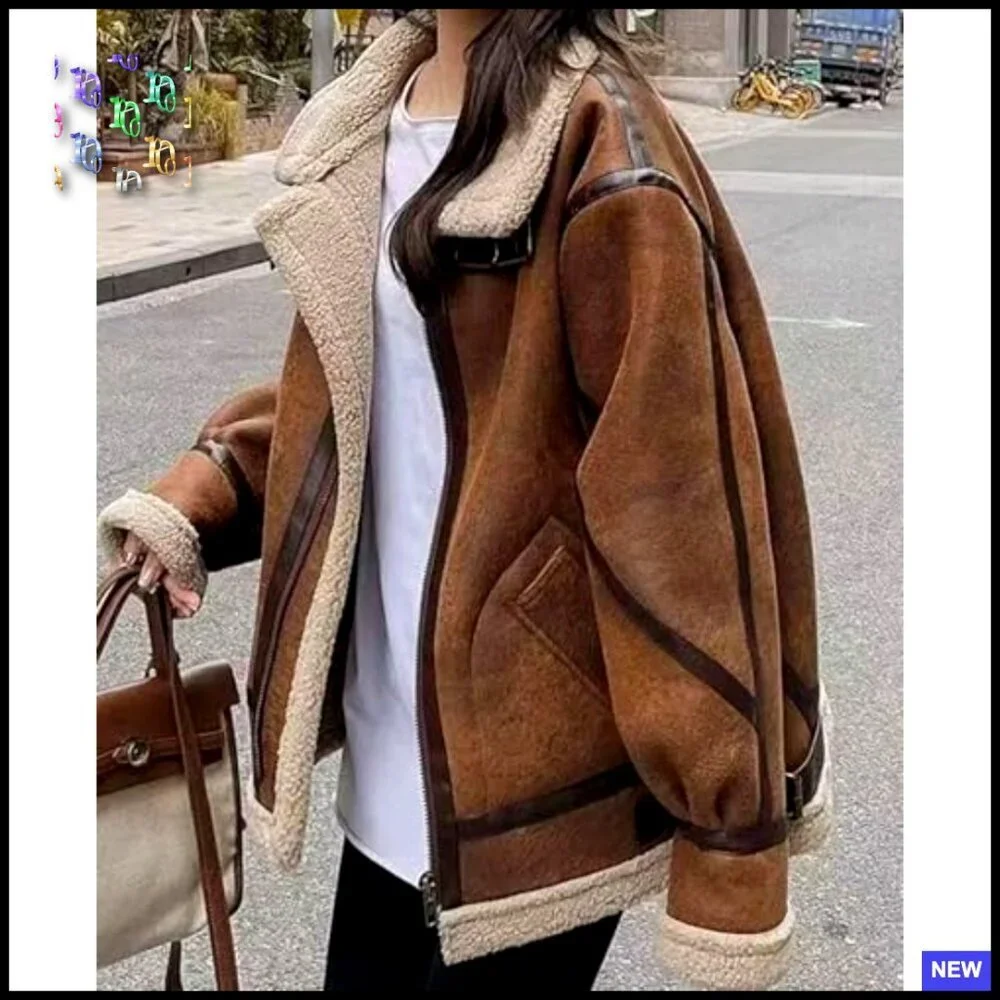 Oversized Faux Suede Moto Jacket Sherpa Lined Aviator Style Winter Coat - Picture 2 of 6